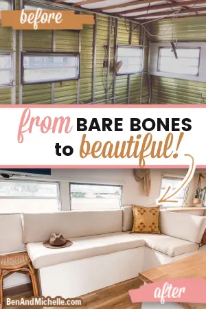 Before and after photos of a renovated vintage caravan