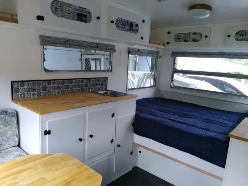 Interior of renovated vintage caravan
