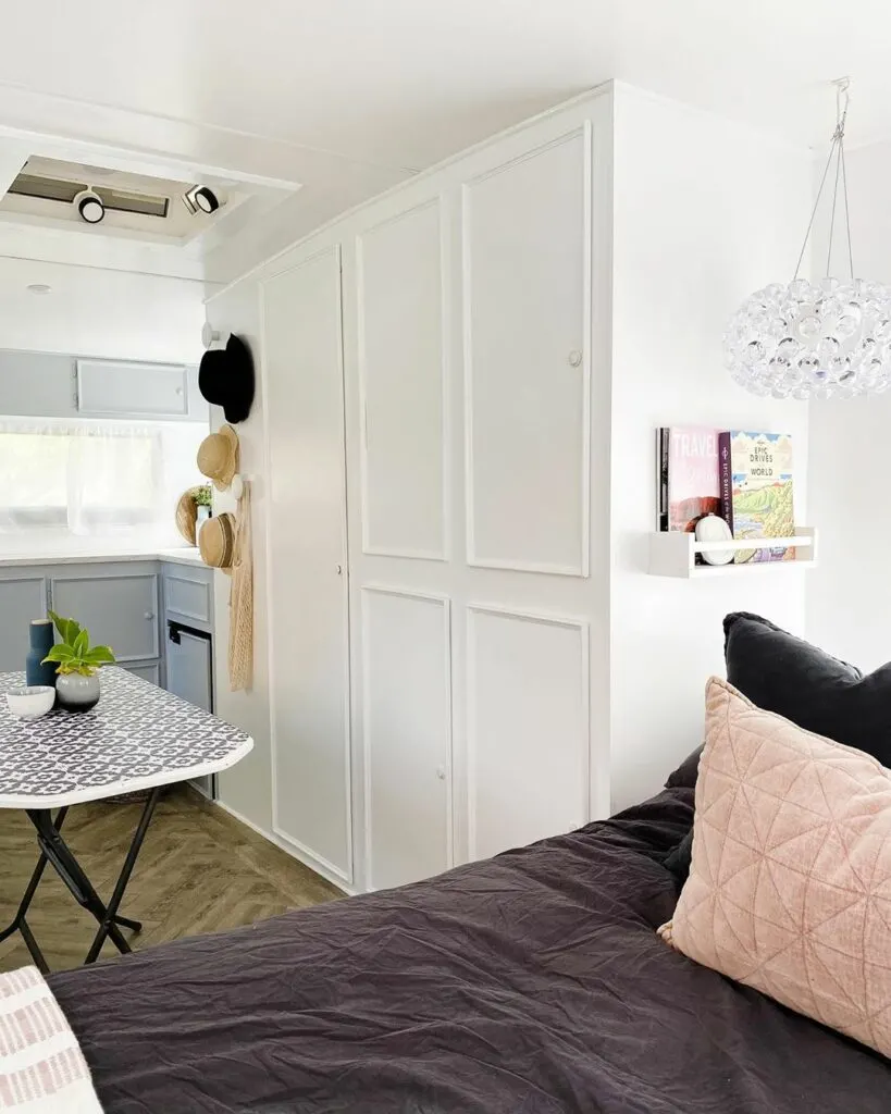 White interior of a vintage caravan that's been renovated