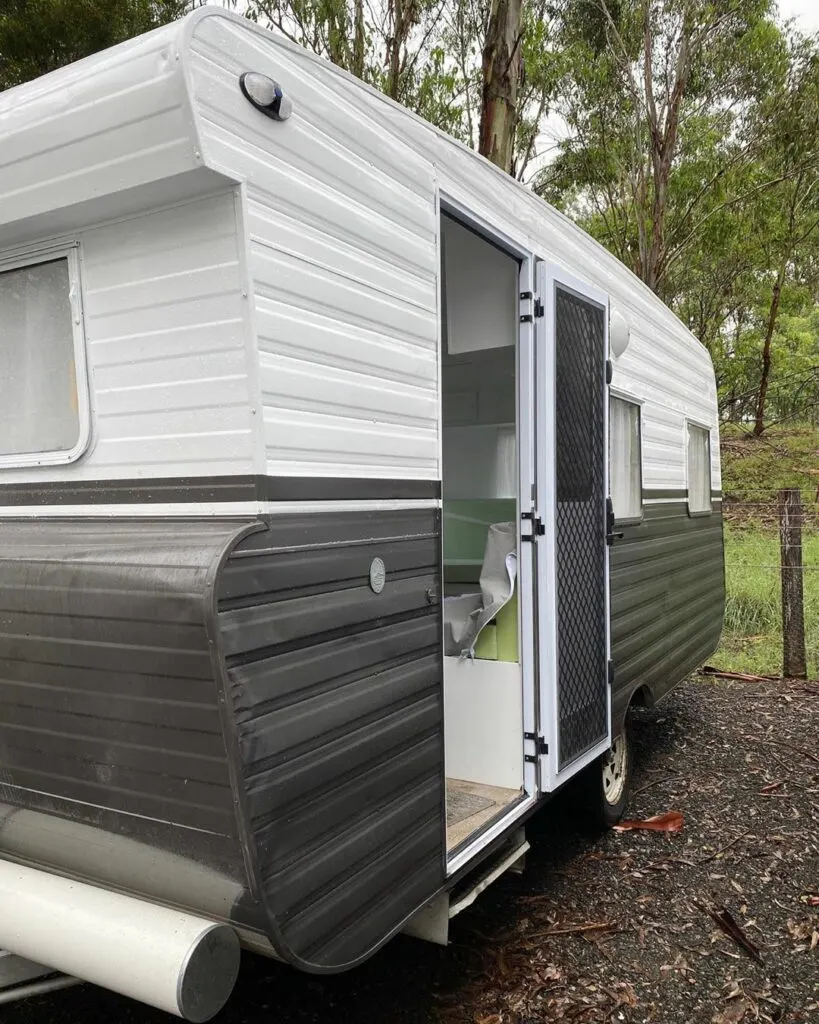 Exterior of a newly painted vintage caravan