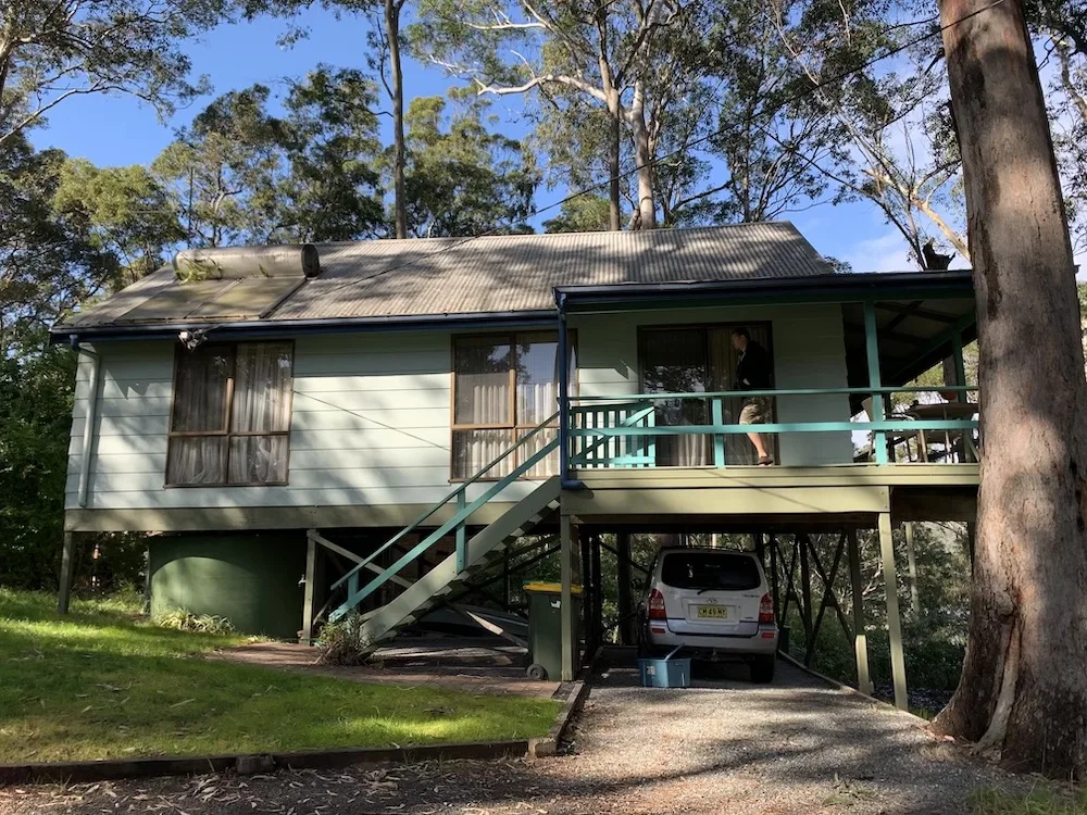 Holiday home / AirBnB set among tall trees with car parked beneath it