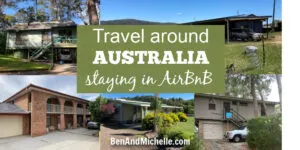 Collage of AirBnB holiday homes in Australia, with text overlay: Travel around Australia staying in AirBnB