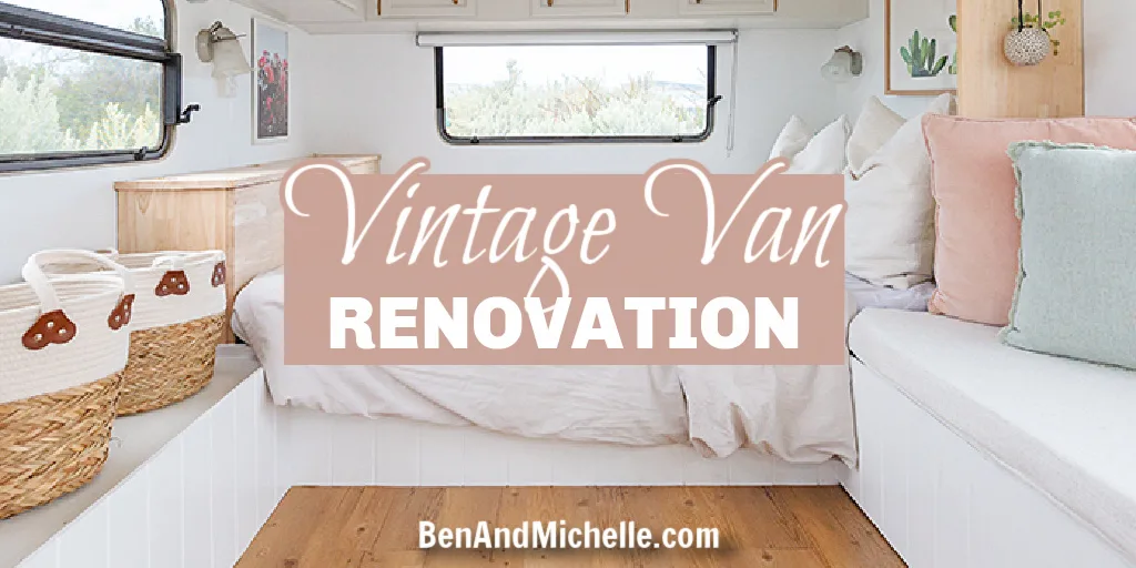 Bedroom of a renovated caravan with text overlay: Vintage van renovation