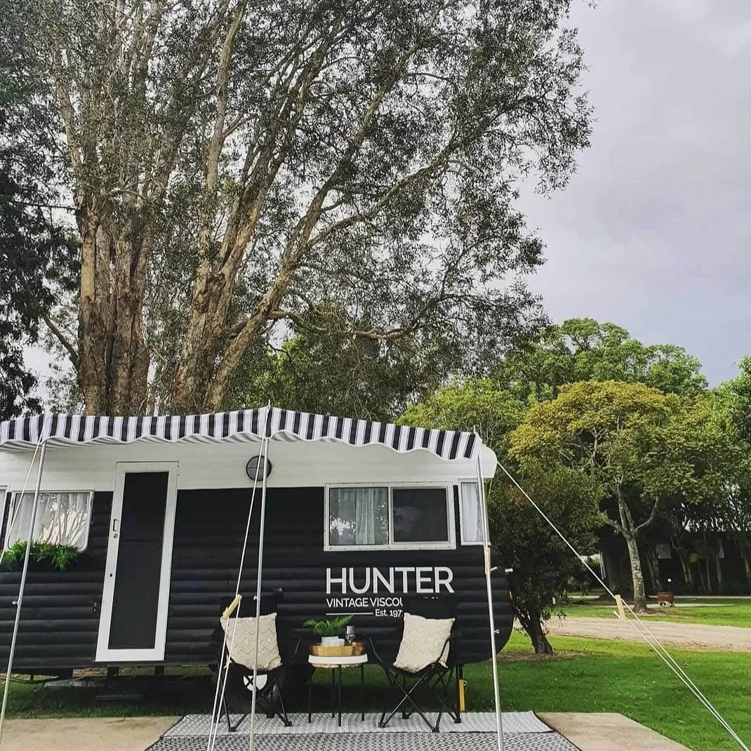 Exterior view of Hunter, a 1973 Viscount Royal caravan that has been restored.