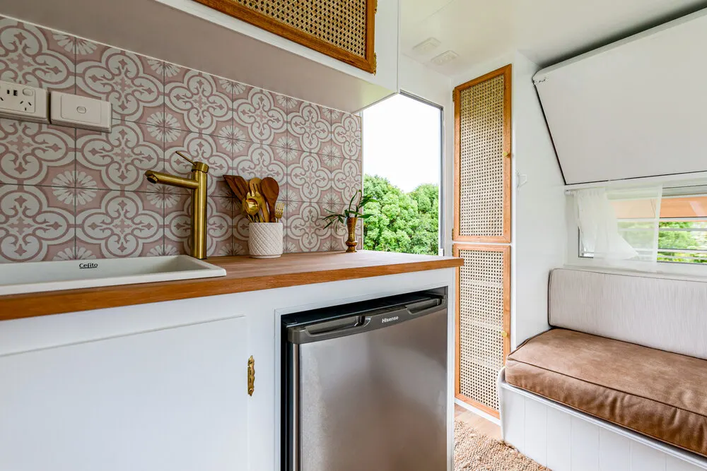Interior of a renovated caravan.