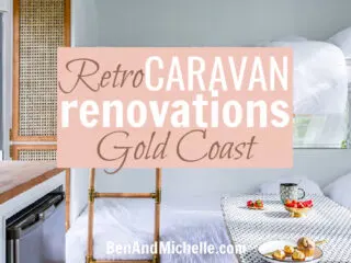 Bunk beds inside a renovated caravan, with text: Retro caravan renovations Gold Coast.