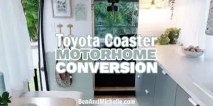 Internal view of a motorhome with the caption: Toyota Coaster Motorhome Conversion.