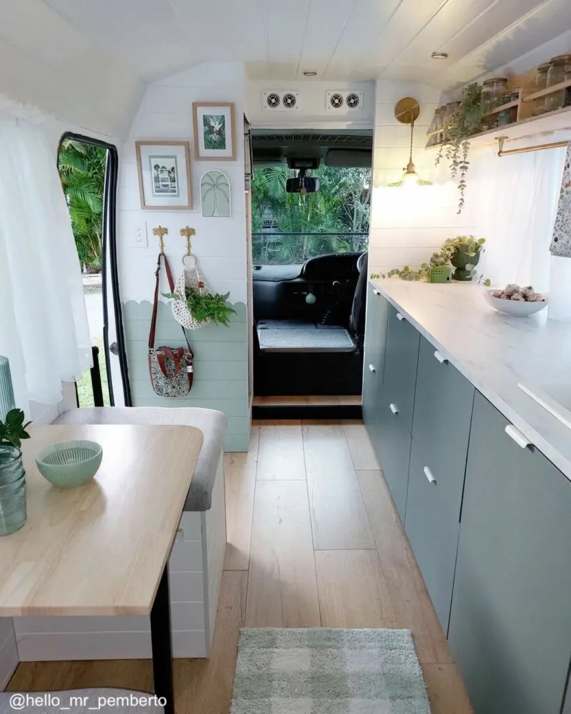 Photos showing before and after of a toyota coaster motorhome conversion.