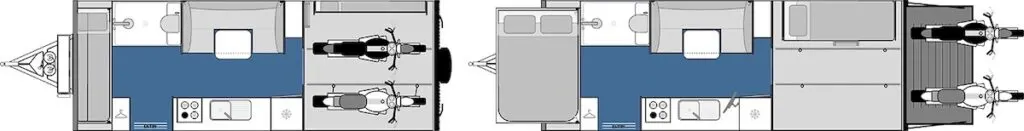 Floor plan of the New Age XU toy hauler caravan showing the daytime and night-time layout.