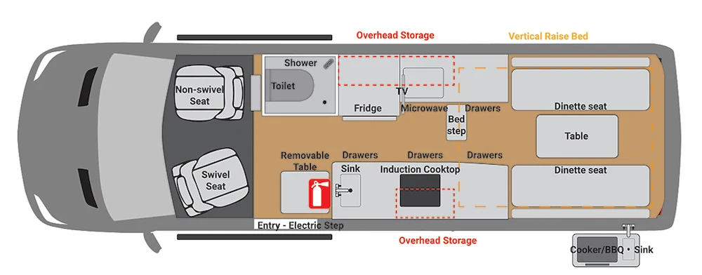 Floor plan of a Kimberley Kampers Kruiswagen campervan.